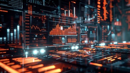 A masterful blend of finance, modern management, and cybernetic sci-fi, this image offers a glimpse into the future of business through advanced data visualization.