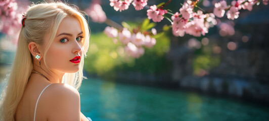 Pretty Blonde Woman with Red Lips in Spring with Pink Flowering Leaves Outside