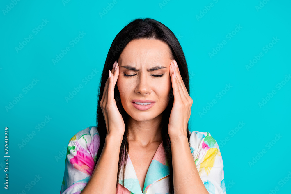 Sticker Photo of nice lady hands touch temples headache wear shirt isolated on turquoise color background