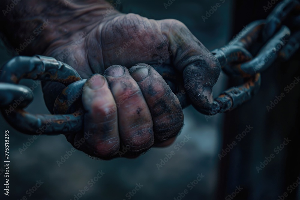 Aufkleber a close-up shot of a person holding a chain. ideal for illustrating concepts of strength and control