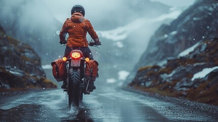 Biker riding a motorbike through a mountain pass in the surrounding fog and snow - obrazy, fototapety, plakaty