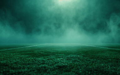 Empty soccer field with fog and smoke. Concept of sport spotlights empty game field. generative ai - obrazy, fototapety, plakaty