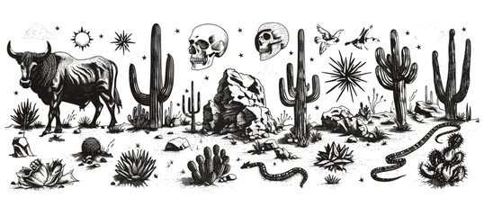 リノカット ウエスタン ボホ セット、テキサス砂漠彫刻プリント コレクション、ベクター キャニオン野生生物、サボテン。テクスチャ グランジ アリゾナ ロデオ グラフィック、雄牛、馬、蛇、頭蓋骨のシルエット。ミスティックリノカットウエスタン © aura studio