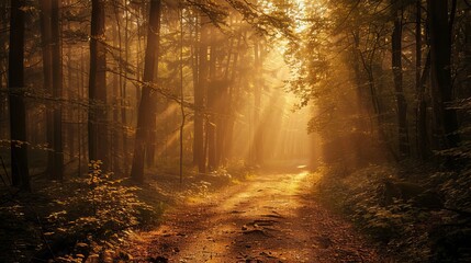 A trail going through the woods, lit up by rays of sunlight coming through the mist.