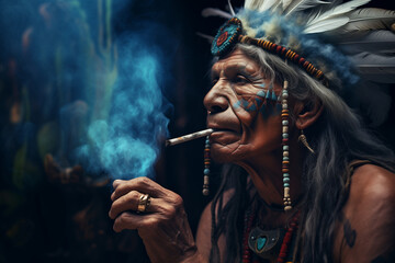 Indian shaman portrait while smoking a pipe, engulfed in smoke and spiritual mood, dark background atmosphere, vibrant colors. Ai generated