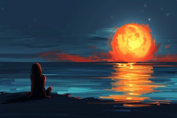 Person Sitting on Beach Watching Sunset