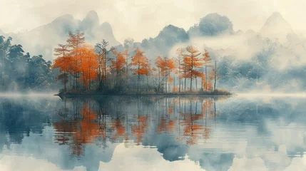 Foto op Plexiglas Stunning view of misty landscape with reflection of trees in lake water © ari