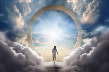 Moment of an opening portal in the sky, revealing a passage to new dimensions, man shillouette standing in the middle. Ai generated - obrazy, fototapety, plakaty