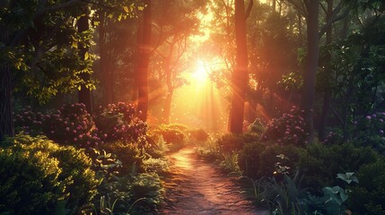 Obraz na płótnie Canvas A walkway through a magical forest with a stunning sunset