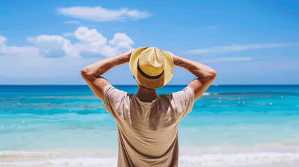 back male person on the beach wearing a summer hat be happy rising his arms in luck - obrazy, fototapety, plakaty