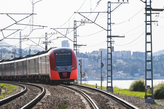 An electric train called Lastochka (Swallow in English) goes along the route. Russian modern high-speed electric train.