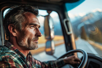 A man is driving a truck and looking out the window
