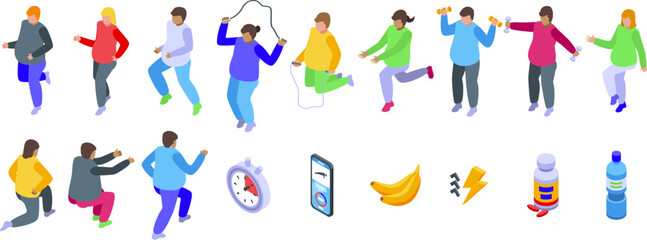 Fat burning workout icons set isometric vector. Jump exercise. Weight loss - obrazy, fototapety, plakaty