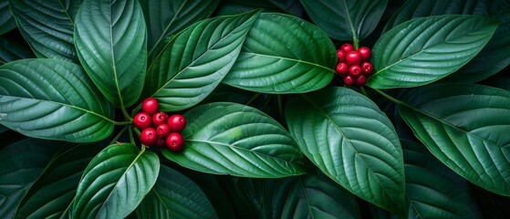  A detailed view of a plant with red berries on its leaves and green leaves bearing red fruit