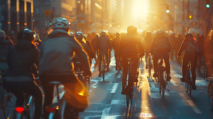 Cyclists riding through a bustling street - obrazy, fototapety, plakaty