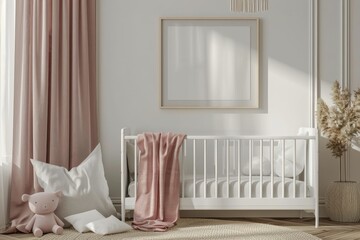 Babys Room With White Crib and Pink Curtains - obrazy, fototapety, plakaty