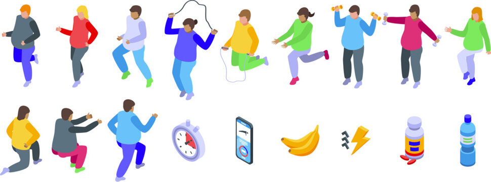 Fat burning workout icons set isometric vector. Jump exercise. Weight loss
