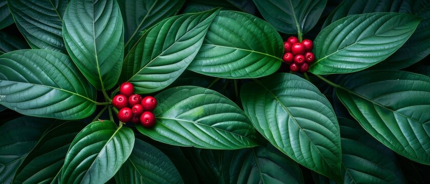   A detailed view of a plant with red berries on its leaves and green leaves bearing red fruit