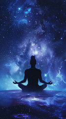 Fototapeta na wymiar Silhouette of a person meditating under a mesmerizing cosmic starry sky.