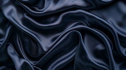 Elegant Navy Blue Satin Fabric Undulating in Soft Folds. Luxurious Textile Background for Fashion Design. Silky Cloth Texture. AI