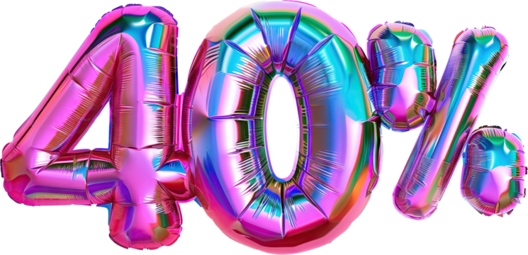 40% balloon letters with confetti, concept of sale celebration and product promotion, element on transparent background