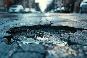 A pothole in the road with water dripping from it