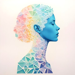 Close-up of a pastel-colored fractal geometric silhouette of a woman in profile