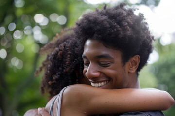 Fototapeta premium A man and woman hugging and smiling with trees in the background