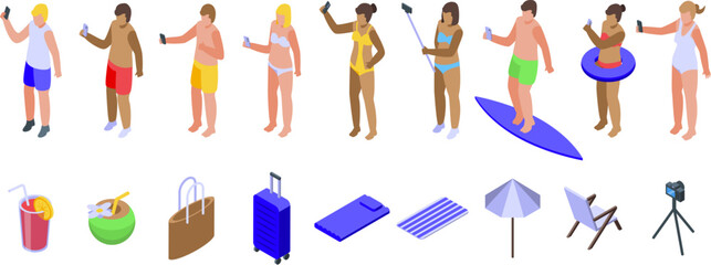 Selfie summer beach icons set isometric vector. Happy vacation. Seashore holiday