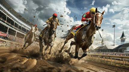 jockey and horses in race - obrazy, fototapety, plakaty