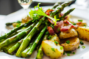 Enjoy the epitome of seasonal cuisine with our tempting Asparagus, Bacon and Assorted Potatoes. Vibrant asparagus spears delicately sautéed with savory bacon and roasted potatoes