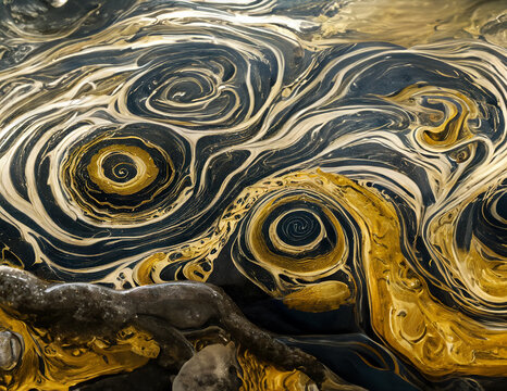 abstract pattern of color in water swirls and circles over the rock