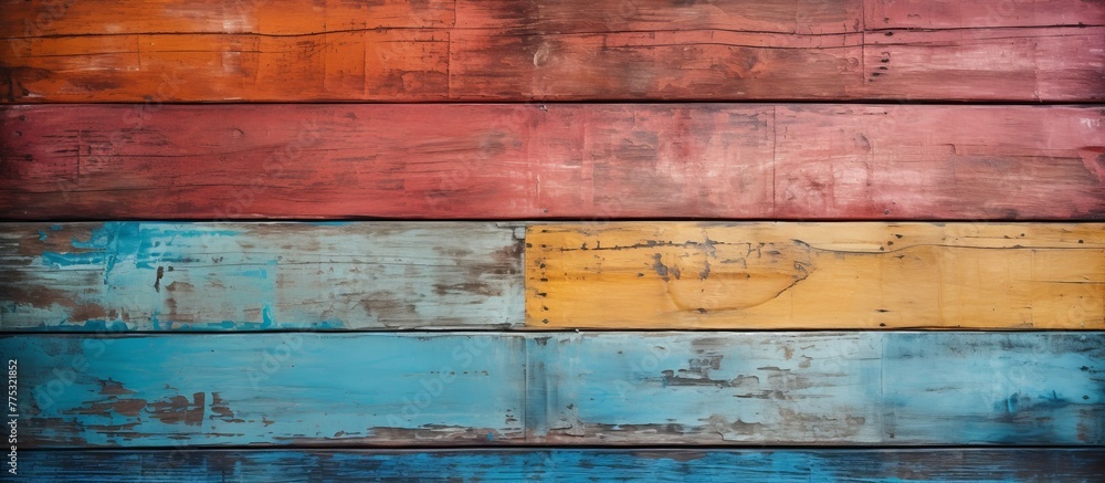 Poster close up view of a vibrant painted wood wall with peeling colorful paint layers, adding a textured a