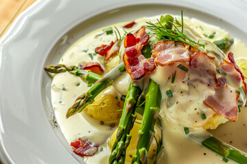 Tender spears of asparagus wrapped in smoked bacon, accompanied by golden fried potatoes and cheese sauce. A hearty yet elegant dish that celebrates the flavors of the earth and garden.