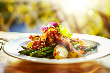 A dish of tender asparagus, crispy bacon and golden potatoes. Each element harmonizes beautifully,...
