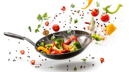 Fresh vegetables flying into a pan, capturing the essence of healthy cooking. Dynamic food prep scene, perfect for culinary concepts. Time to cook with vibrant ingredients. AI