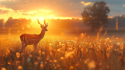 Deer grazing in a meadow at dawn