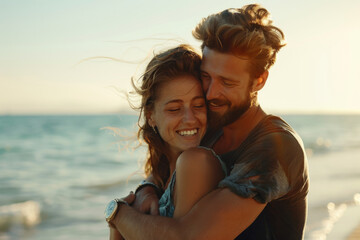 A man and woman are hugging on the beach and the woman is smiling