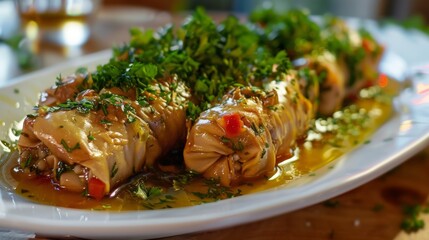 The Greek dish is Dolma. It is prepared most often from chicken and pork.