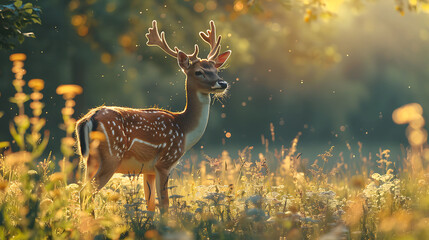 Deer grazing in a sun-dappled meadow - obrazy, fototapety, plakaty