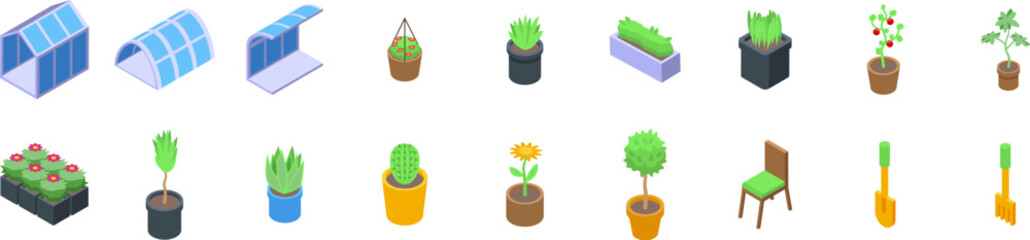 Greenhouse interior icons set isometric vector. Winter garden. Cultivation growing - 775322851