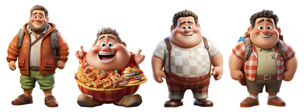 set of fat people cartoon characters, 3d design isolated on transparent background, generative ai