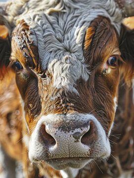 Close-up photo of a cow’s face in sunlight - This image captures the detailed texture and gentle gaze of a cow's face, highlighted by the soft sunlight