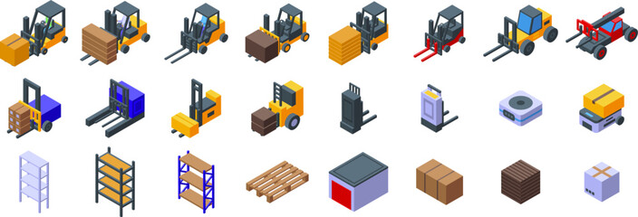 Forklift holding box icons set isometric vector. Warehouse worker. Storage lift © ylivdesign