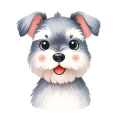 Watercolor cute Miniature Schnauzer portrait. Cute dog breed. Dog days concept.