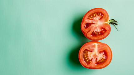 High-quality photo of a ripe tomato cut in half on white, with vibrant green background. Ideal for culinary content, evoking freshness.