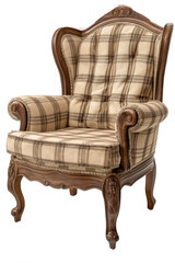 Elegant wingback chair with beige and brown checkered fabric upholstery and carved wooden frame