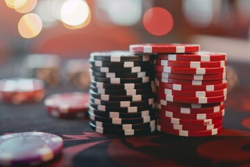 stacks of poker chips on a gaming table in casino, close up shot of piled up gambling chips, casino banner concept with copy space, gamble venue header