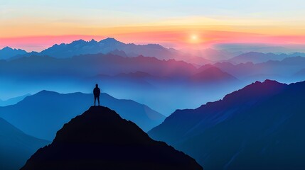 Solo Adventurer on Mountain Peak at Sunrise. Serene Landscape, Travel Inspiration. Beautiful Nature Scenery, Peaceful Morning Hike. Outdoor Exploration. AI - obrazy, fototapety, plakaty