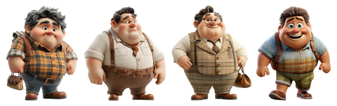 set of fat people cartoon characters, 3d design isolated on transparent background, generative ai